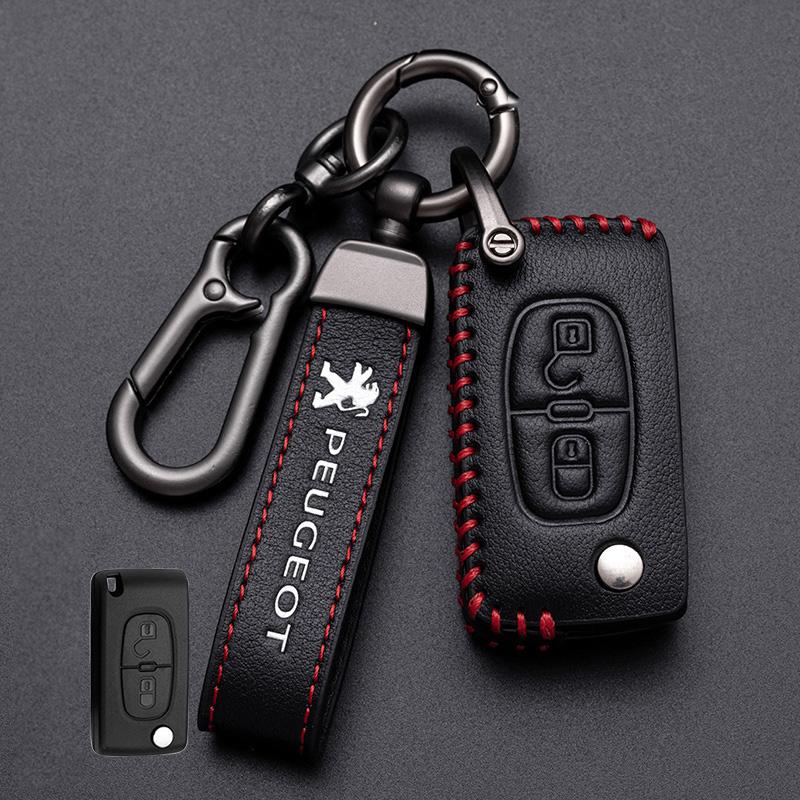 

2026 Hot Car Sticker Leather Car Smart Remote Key Case Cover Protector for Peugeot 107 207 307 308 407 607 3008 5008 Auto Keycha