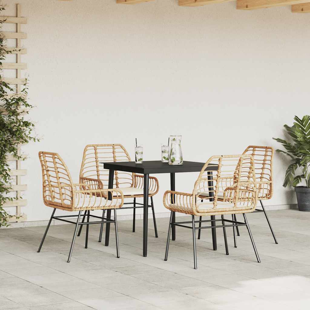5 Piece Outdoor Dining Set with Cushions Brown Poly Rattan Glass Table