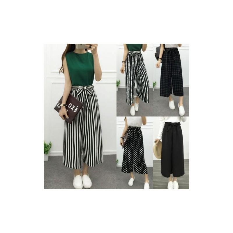 Wide Korean Women Leg High Waist Loose Baggy Casual Striped Crop Trousers Pants
