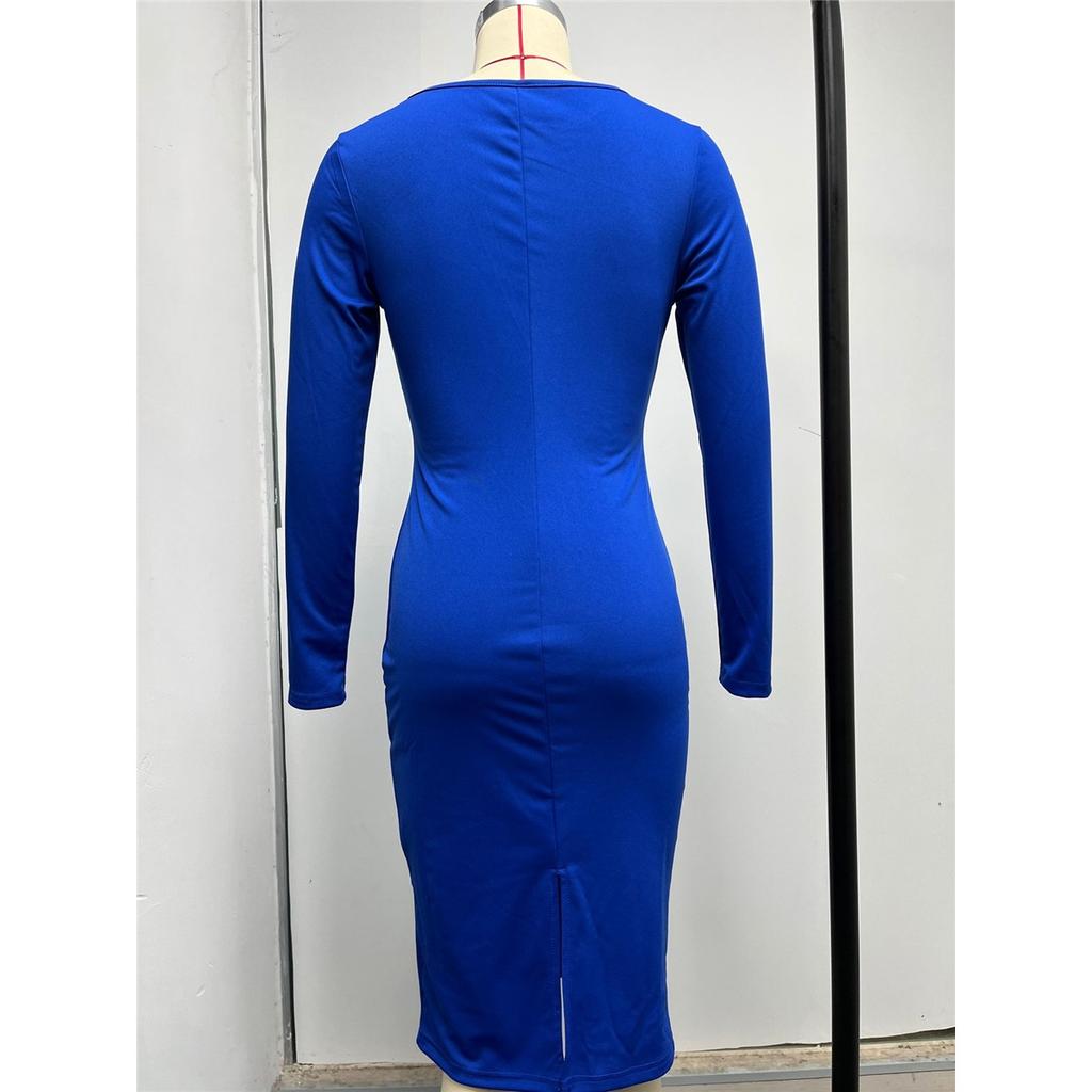 Damen Langarm Rundhals Französisch Retro Slim Langes Kleid