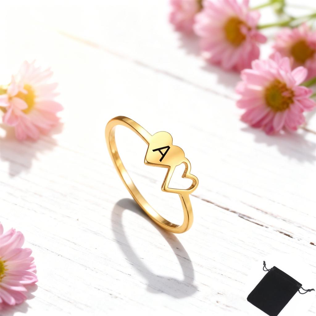 Customized Name Initial Double Heart Ring Stainless Steel A-Z Letter Couple Ring Simple Fashion Constellation Ring Couple Gift