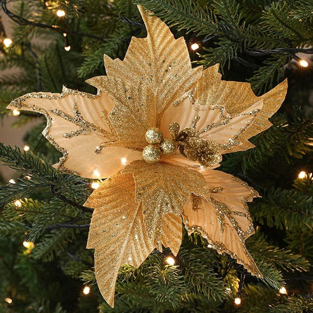 2pcs 26cm Christmas Glitter Flower DIY Simulation Sequins Flower Festival Hanging Artificial Poinsettia Flower