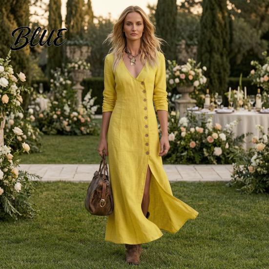 Polyester Summer Dress Women's Side Slit Long Dress Casual Button Down V Elegant Simple Neck Bodycon Sleeve Beach Vacation Sundress Versatile Day