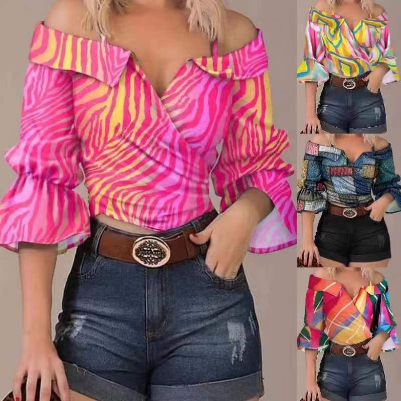 

Amazon Floral-Print off-Shoulder Bell Sleeve Lapel Sling Color 1 2XL