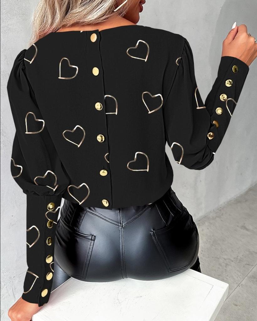Damen Frühlingshemden Herz-Print Rundhalsausschnitt Langarm Locker Blusen Mode Lässig Knopf Elegant Büro Damen Oberteile