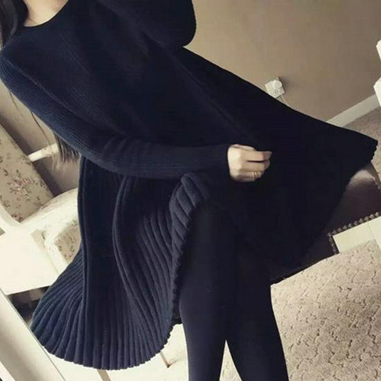 Dongdaemun Autumn/Winter Style Women's Knitted Sweater Dress with Pleated A-Line Doll Pullover