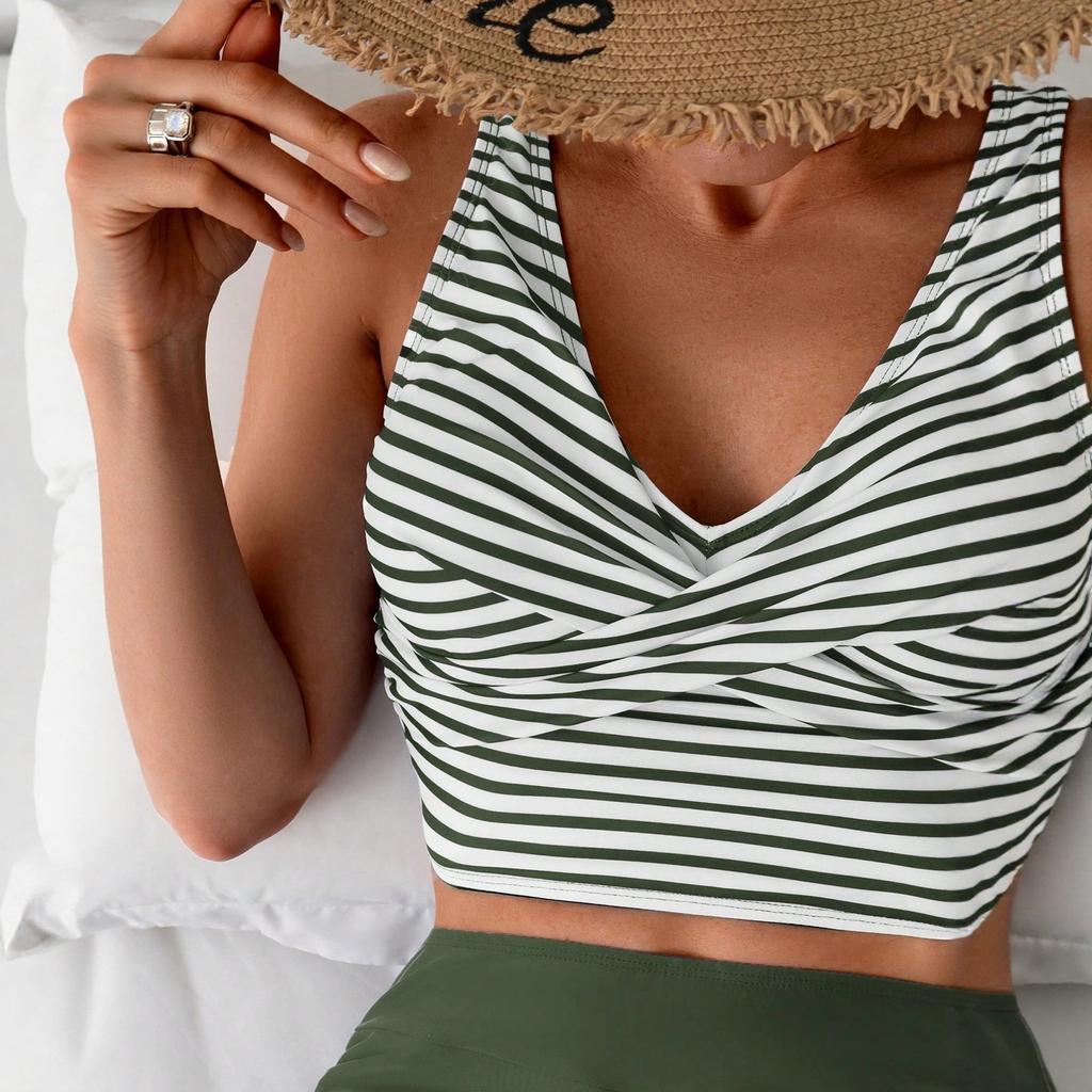 Europäischer und Amerikanischer Schnelltrocknender Enganliegender Kreuz-Bikini mit Hohem Bund und Kordelzug, Gespaltene Badehose, Damen-Bikini