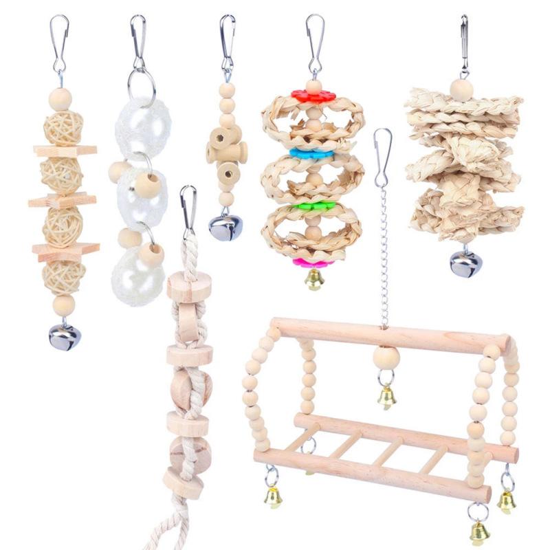 Pet Bird Hanging Natural Wooden Toy Set Parrot Perch Stand Chew Toys With Bells Bird Cage