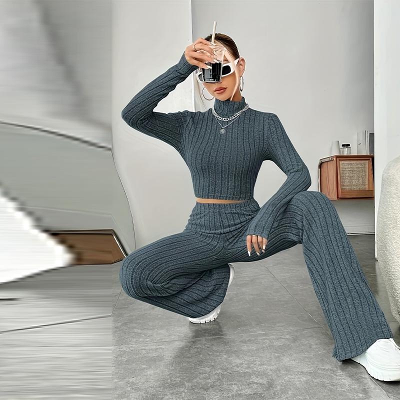 Women's Knitted Pullover Pants Two Pieces Set Slim Long Sleeved Mock Neck Top High Waist Wide Leg Pant Outfits