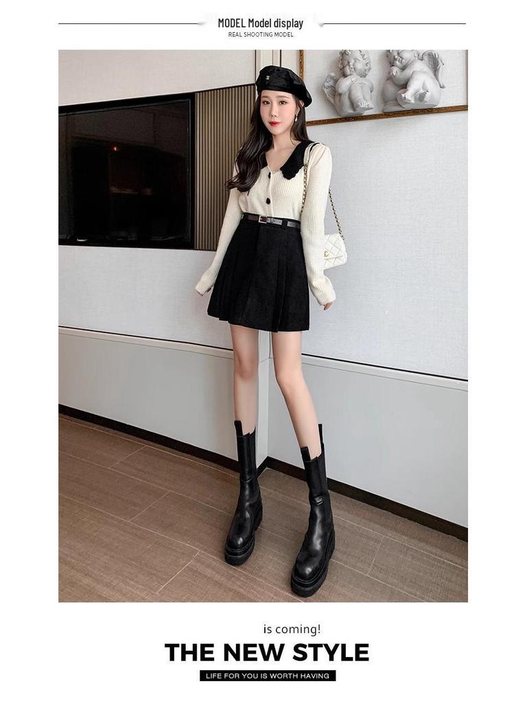 Women's A-Line Pleated Corduroy Wool Skirt with High Waist and Built-in Shorts for Autumn/Winter 2024.