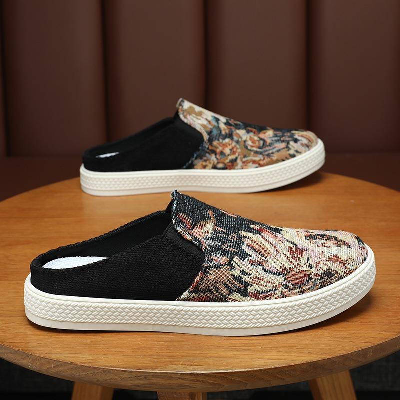 Summer new printed bag head, cloth surface breathable, light and simple, one pedal and half drag men's shoes slippers