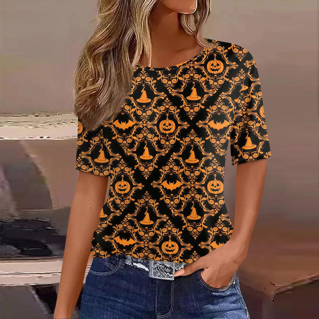Women's Short Sleeve Halloween and Pumpkin Print T-Shirt, Casual Round Neck Pullover Top for Women