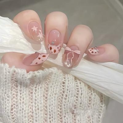 24PCS Sweet Pink French Almond Press On False Nail Shiny Leopard Print Star with 3D Bowknot Fake Nails for Girls Simple Ins Nail