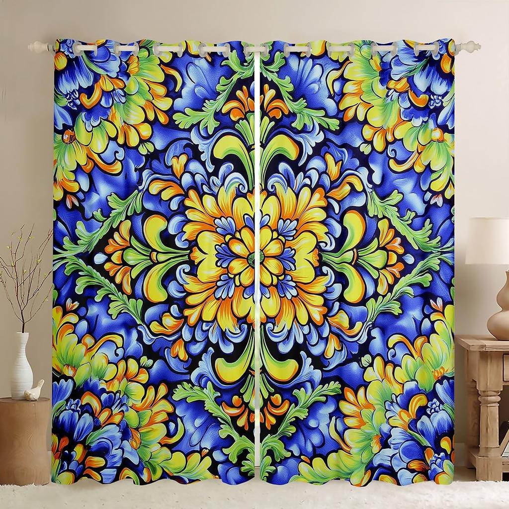 Room Darkening Mandala Curtain Vintage Tribal Exotic Floral Window Curtains Drapes Southwestern Colorful Retro Flower Bohemian Polyester Washable