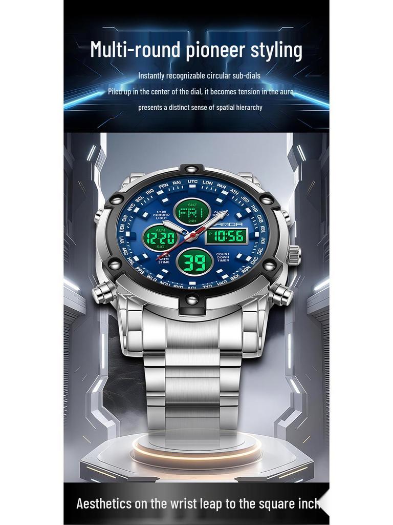 Sanda Dual Movement 5ATM Waterproof Multifunctional Steel Band Men's Watch with Alarm Clock