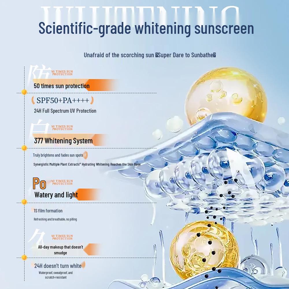 SPF50+ Whitening Sunscreen: Waterproof, Sweatproof, UV Protection, Moisturizing Primer