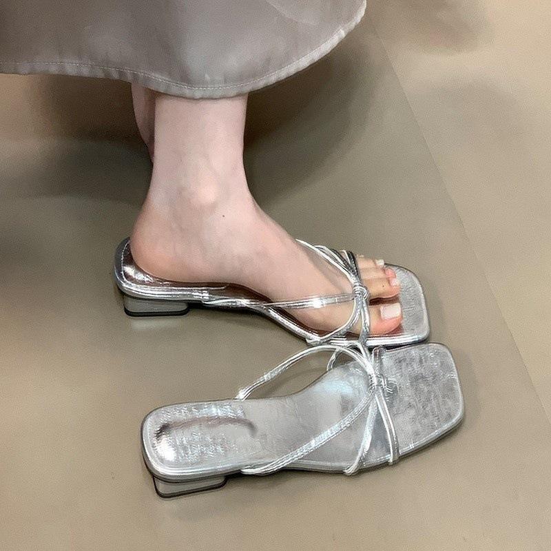 Square head silver niche one-word drag women's summer outer wear temperament simple toe low heel cool slippers
