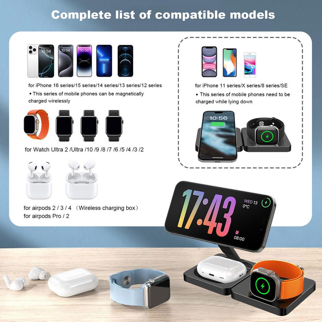 3 In 1 Charging Station for iPhone 16 15 14 Airpods 4 3 iWatch 10 Foldable Magnetic Wireless Charger Dock Travel Charging Pad