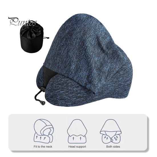 Travel Neck Pillow with Hood Memory Foam U-shaped Pillow with Adjustable Drawstring Breathable Neck Cushion for Airplane Car Long Flights Road Trips