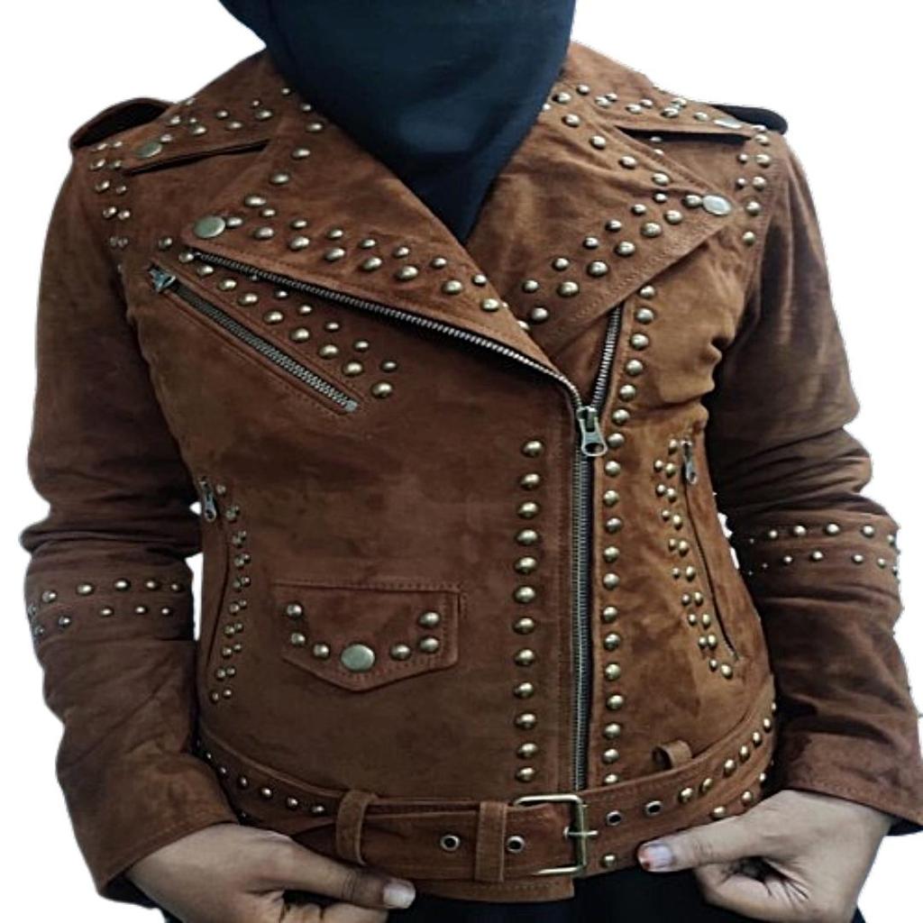 Women's American Style, Lambskin Brown Suede, Studded Jacket, With Zipper & Jacket,| Shoulder Strap, Gifts for her ,Cowgirl Jacket