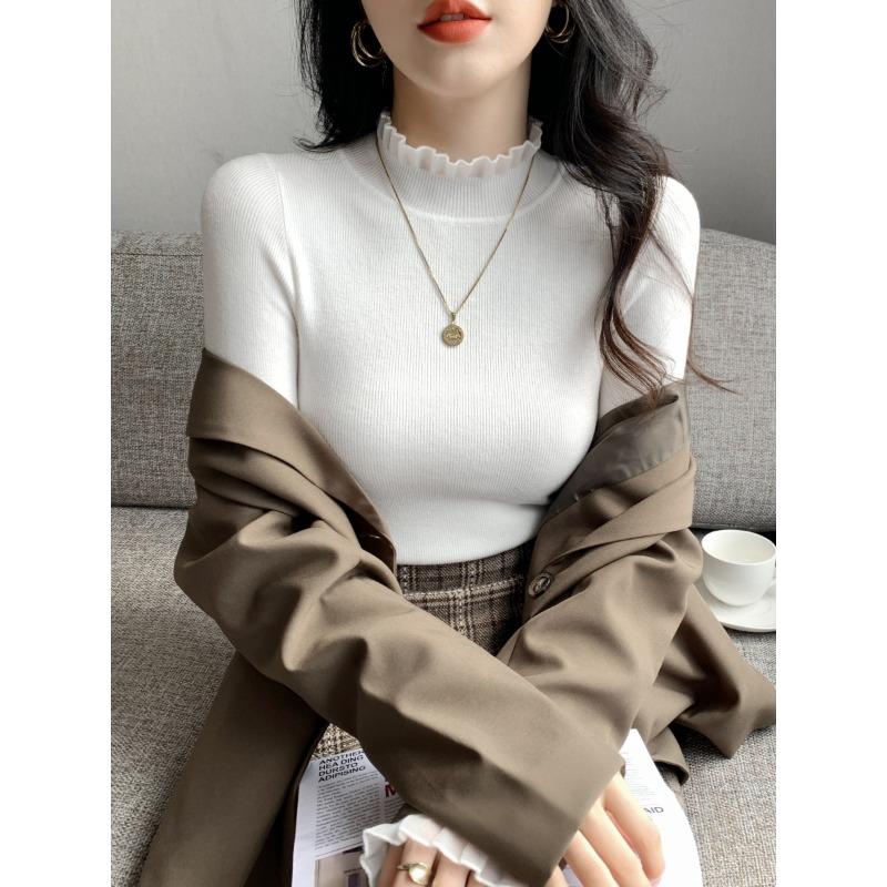 Stylish Semi-turtleneck Lace Splicing Bottoming Shirt Women's Fungus Edge Top Spring Suit with Solid Color Sweater Inside