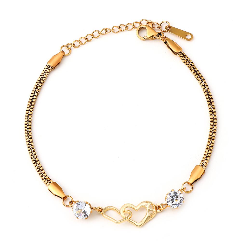 Cute Romantic Double Heart Rhinestone Stainless Steel Snake Chain Bracelet for Women Elegant Anniversary Party Gift Jewelry