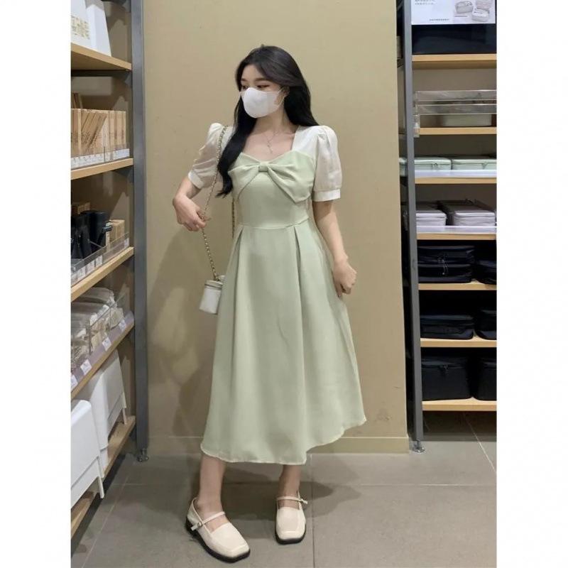 French Bow Patchwork Plus Size Summer Dress 2026