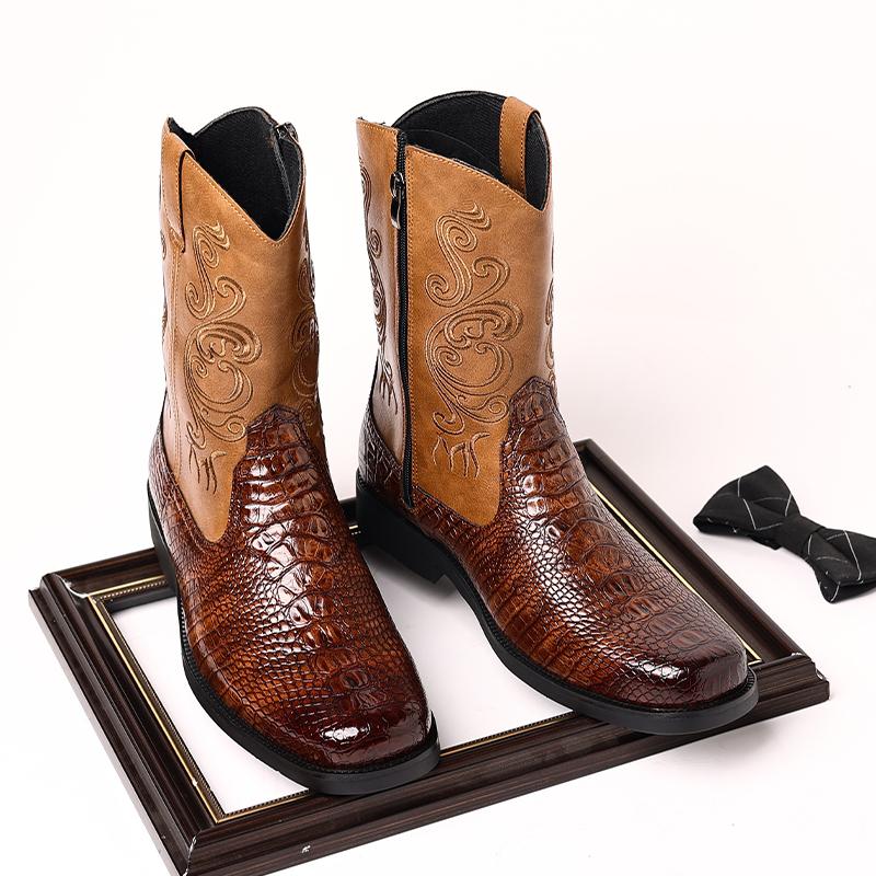Fashion Retro Alligator Side Zipper High-top Leather Motocross Boots Mens Boots Chelsea Fashion Shoes Men's British Shoes Cowboy Botas