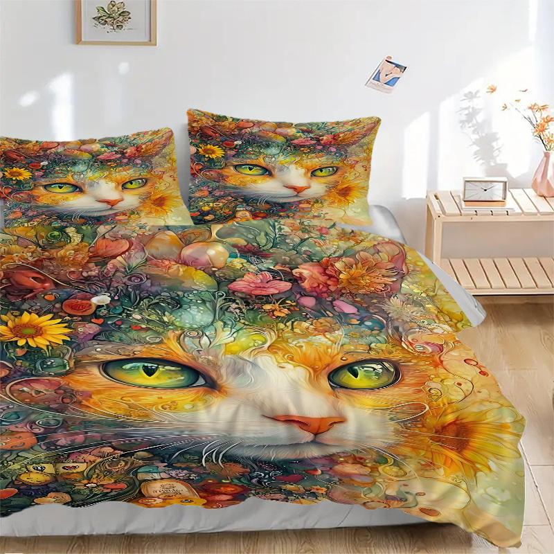 3pcs Noble Cat Art Design Bedding Set - 1 Soft Quilt Cover + 2 Pillowcases, Machine Washable - Suitable for All Seasons, Perfect Gift for Fa