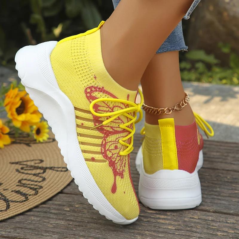 Fashion Fashion Butterfly Print Women's Sports Shoes Summer Mesh Breathable Knitted Sneakers Woman Plus Size Mix Color Platform Sneakers