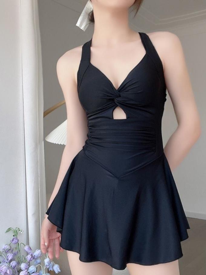 

Женское однотонное платье для плавания Цельный мягкий купальник с перекрестной спинкой и рюшами на животе Монокини Сексуальный ажурный купальный костюм с горячими источниками Купальник для похудения S чёрный