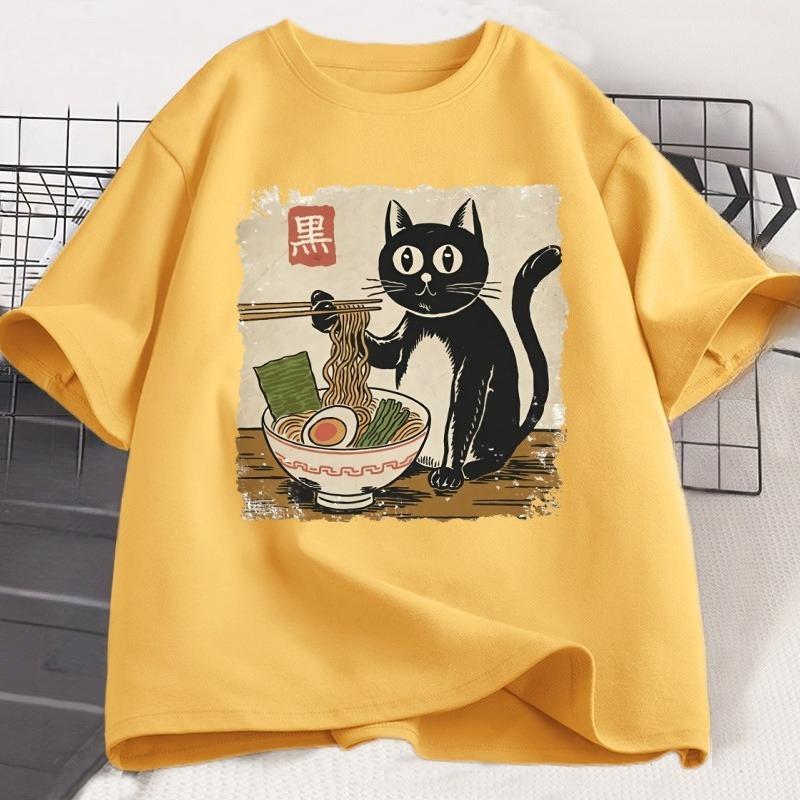Funny Black Cat RaUnisex Tshirt Unisex Women Japanese Graphic Tees Kawaii Cat Anime Print T Shirt Casual Short Sleeve Unisexs Clothes