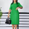 Women's Clothing  Summer New Short-sleeved Collar Waist Solid Color Tongle Pencil Skirt African Dress