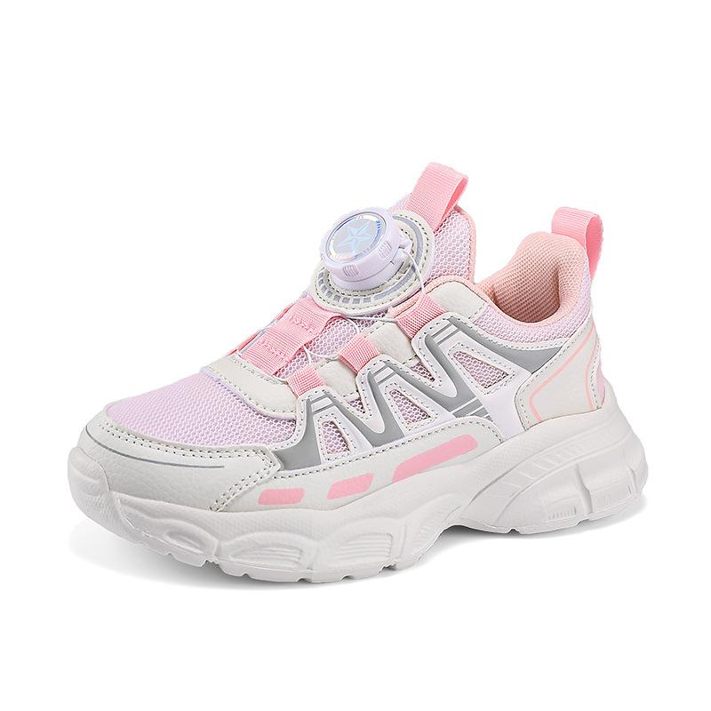2025 autumn new mesh breathable girls' shoes rotating button children's sports shoes soft sole non-slip casual classmates