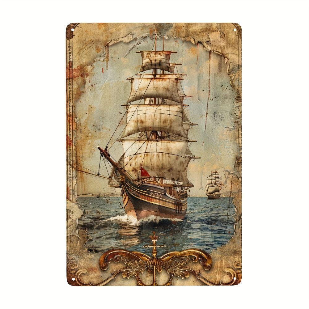 Vintage Nautical Metal Wall Art, Old Sailing Ship Pirate Decor, Home Wall Decor