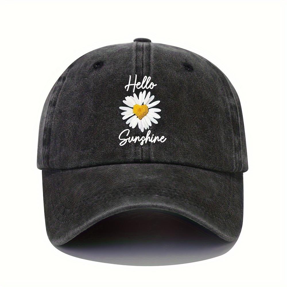 Hello Sunshine Daisy Printed Distressed Baseball Cap Lightweight Dad Hat with Adjustable Curved Brim Multiple Colors Availab