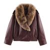 PBZA Winter Detachable Collar Faux Leather Jacket Womens Loose Fit Casual Coat