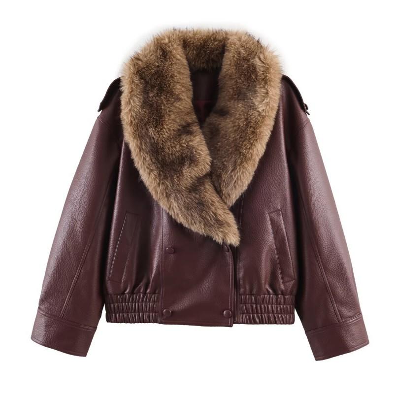 PBZA Winter Detachable Collar Faux Leather Jacket Womens Loose Fit Casual Coat