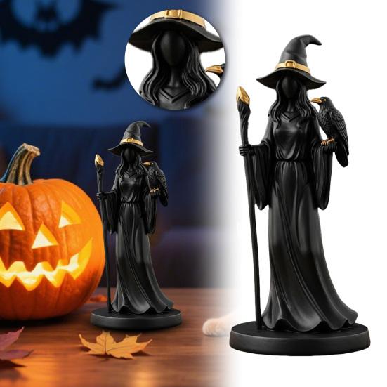 Black Gold Staff Witch Sculpture Halloween Witch Holding Scepter Statue Resin Witch And Raven Figurine for Gothic Home Tabletop Decor