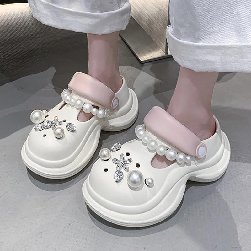Fashion Cute Pearls Chain Chunky Sandals Women Fashion Diy Eva Platform Clogs Shoes Woman Outdoor Non Slip Soft Bottom Sandles Female
