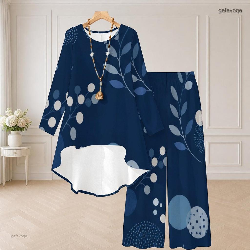 Plus Size Women Abstract Printed Two Piece Set Round Neck Long Sleeve High Low Top Wide Leg Pants