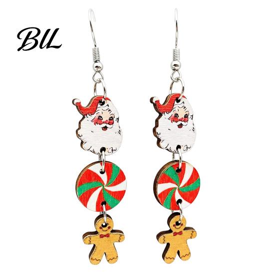 Dangle Drop Earrings 1 Pair Christmas Wooden for Women, Cute Santa Women Seasonal Accessories Gingerbread Candy Cane Earrings, Vintage Holiday Jewelry