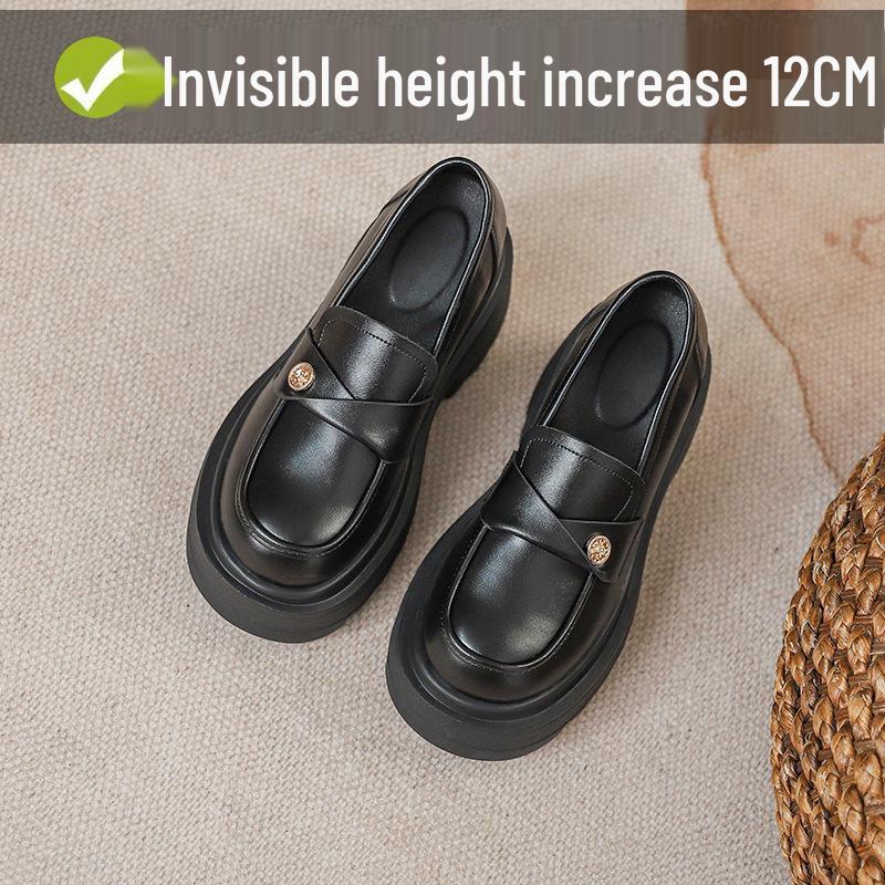 

Women s British Style Loafers: 12cm Hidden Heel, Gold Coin Accent, Thick Sole, Slip-On, High Heel Leather Shoes. 35