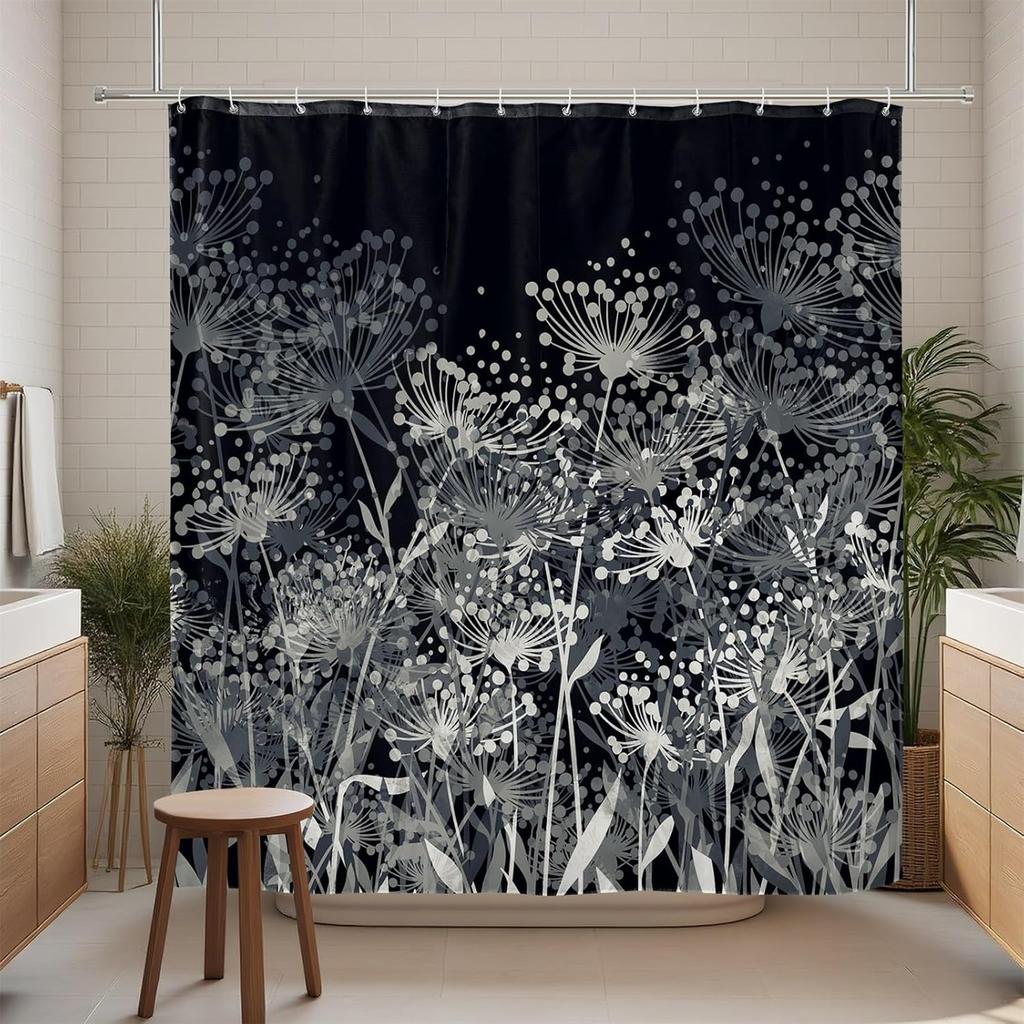 Renaiss Black and White Dandelion Shower Curtain Abstract Cute Floral Pattern Shower Curtain for Bathroom Art Painting Firework Design Shower