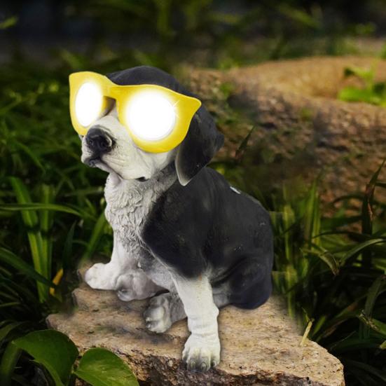Solar Dog Statue with Glasses Resin Puppy Solar Lamp Garden Decor Solar Powered Dog Light for Home Yard Patio Lawn Pathway