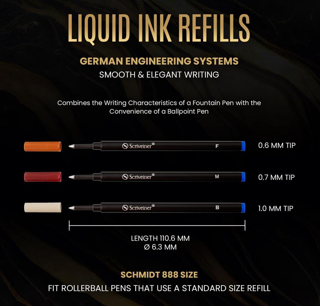 Scriveiner Rollerball Blue Fine Set of 4 Rollerball Refills for Scriveiner Pens Safety Ceramic Rollerball F Schmidt 888 Size Made in Germany Refills,