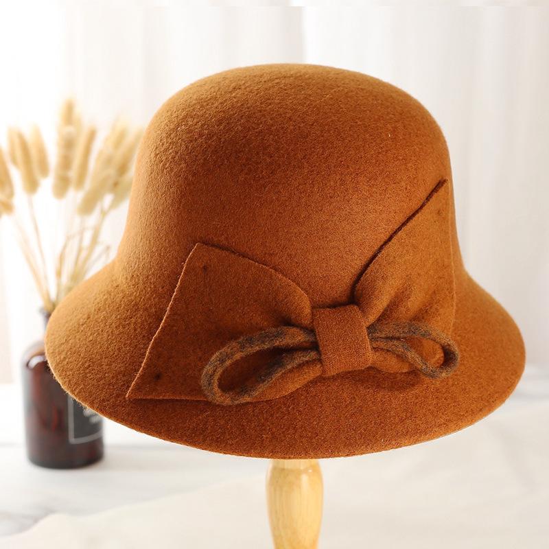 Nowy jesienno-zimowy kapelusz rybacki dla starszych kobiet, dekoracja z węzłem liściowym, damski brytyjski gruby ciepły wełniany kapelusz garnkowy