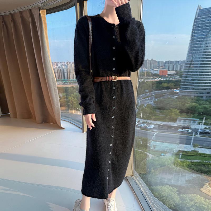 Women's Mink Cashmere Cardigan - Round Neck, Long Sleeve, Soft, Fluffy, Loose Fit, Mid-Length Knit Wool Sweater for Autumn/Winter.