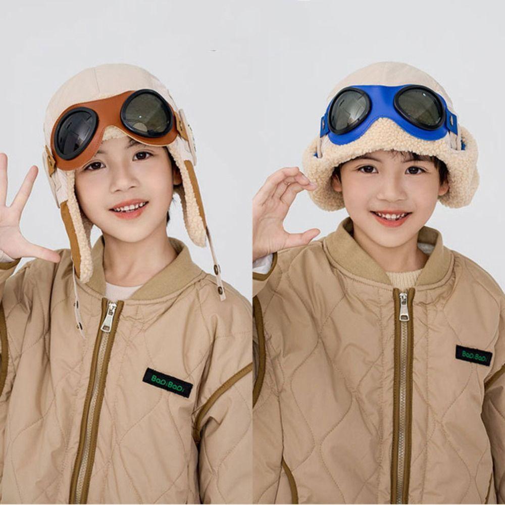 

Cute Children s Plush Pilot Hat Soft Lei Feng Hat Ear Protection Kids Earflap Hat Windproof синий/бежевый