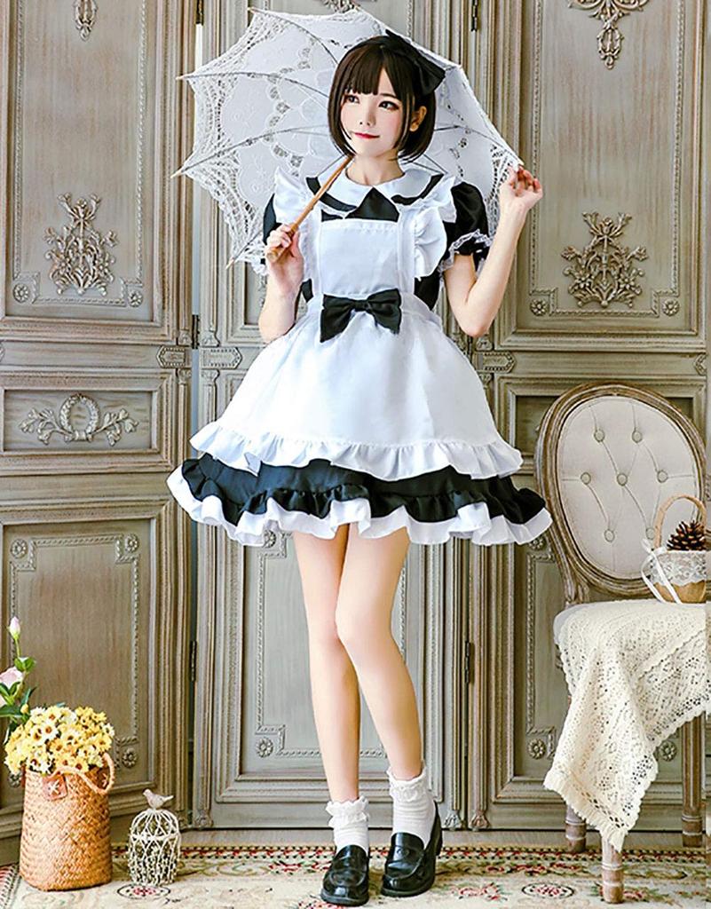 [Milky Time] Maid Outfit, Choice of Colors, Short or Long Sleeves, 2-Way Design, Maid Cosplay, Halloween (Black, Size XL)